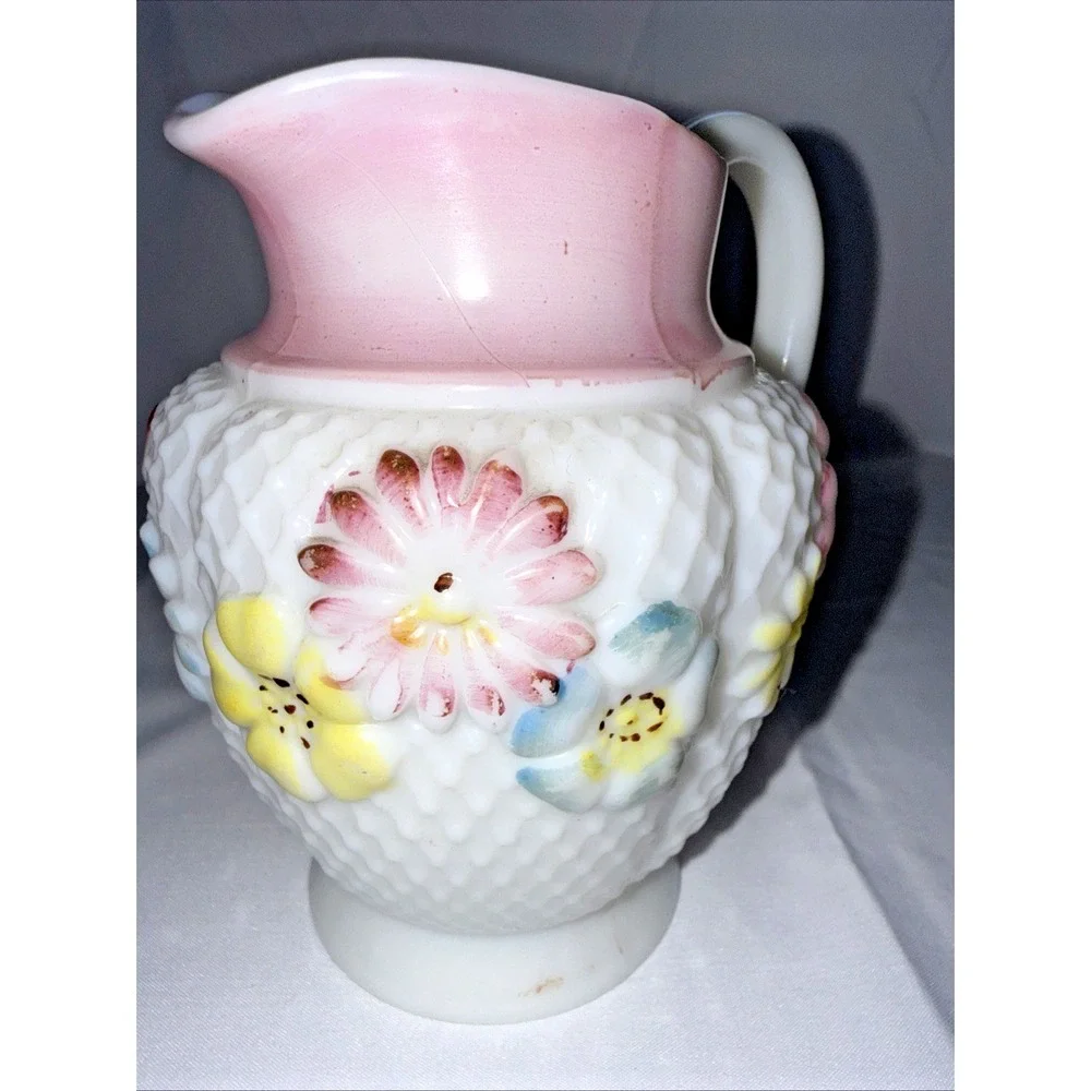 Victorian Consolidated Glass Cosmos Floral Creamer Milk Glass 1890s Antique